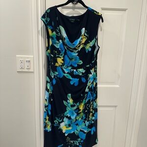 Ralph Lauren Blue and Yellow Sheath Dress Cowl Neck Midi